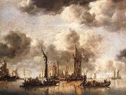 Jan van de Cappelle A Dutch Yacht Firing a Salute as a Barge Pulls Away and Many Small vessels at Anchor